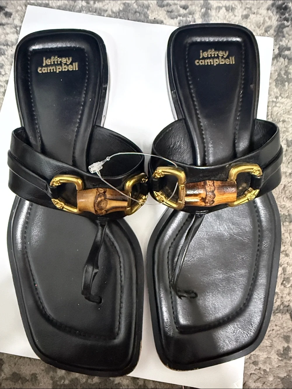 Jeffrey Campbell Black Leather Thong Sandals with Bamboo-Style Gold Hardware